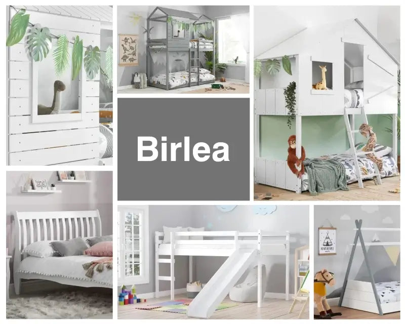 Collage of Birlea Children's beds with Birlea logo