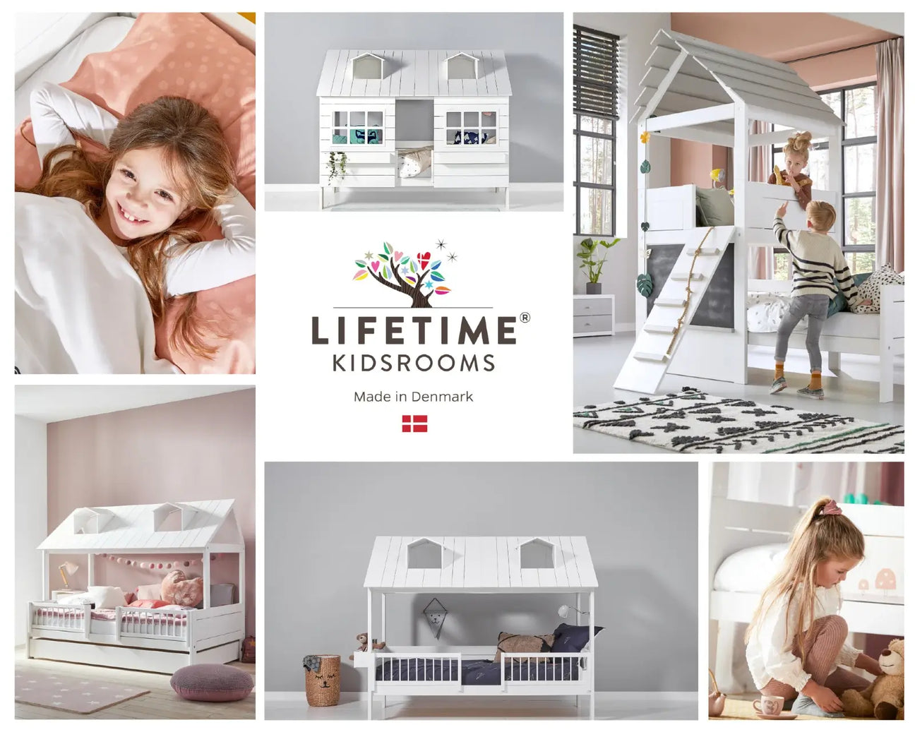 Collage of Lifetime Kidsrooms beds with logo