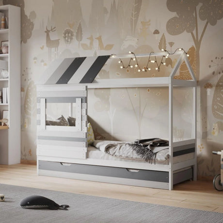 Flair White and Grey Woodland House Bed with Trundle - Little Snoozes