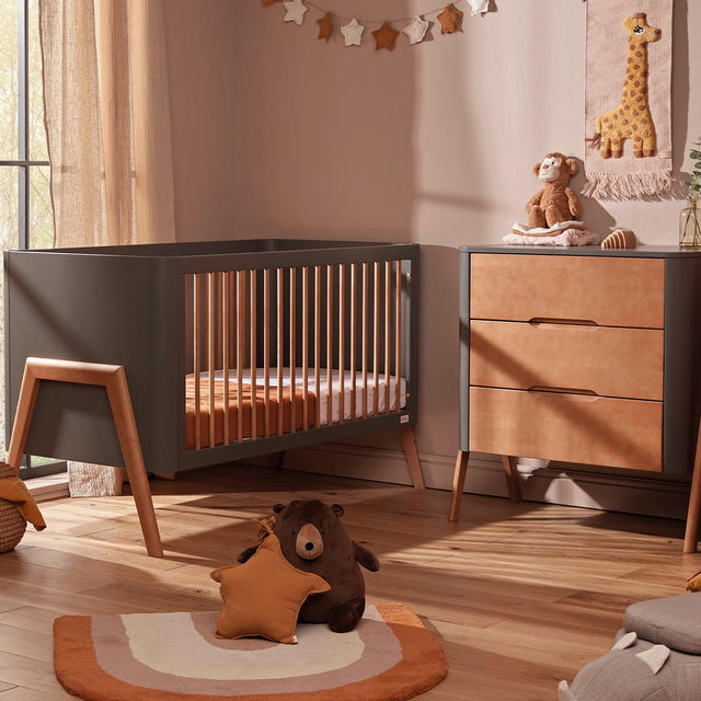Troll Torsten COT BED & Dresser Nursery Set in Grey/Teak - Little Snoozes